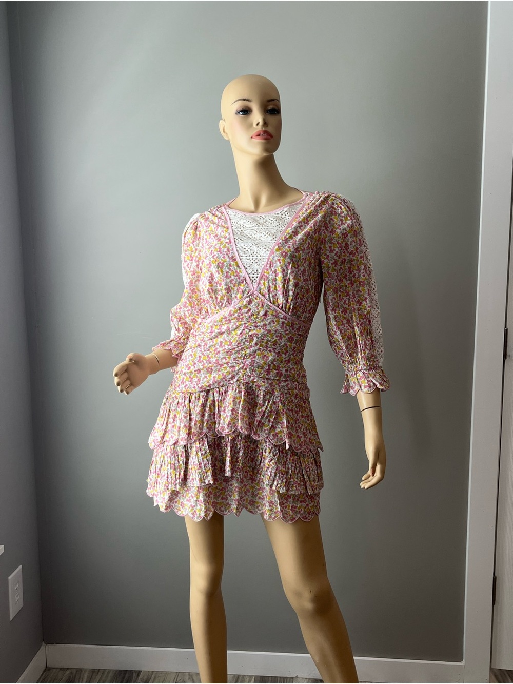 LoveShackFancy Pink Multi Floral Tiered Mini Dress